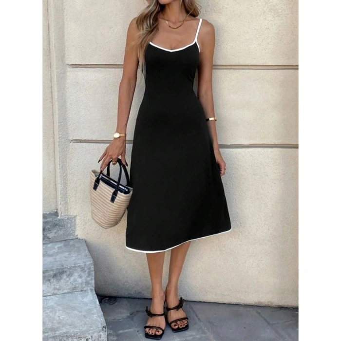 Kadın Ip Askılı Geniş V Yakalı Midi Janjan Krep Elbise