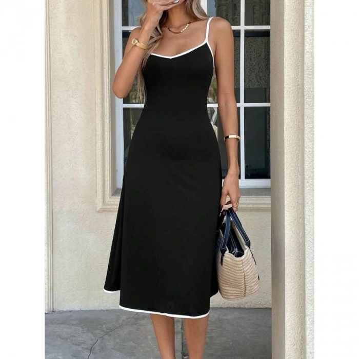 Kadın Ip Askılı Geniş V Yakalı Midi Janjan Krep Elbise