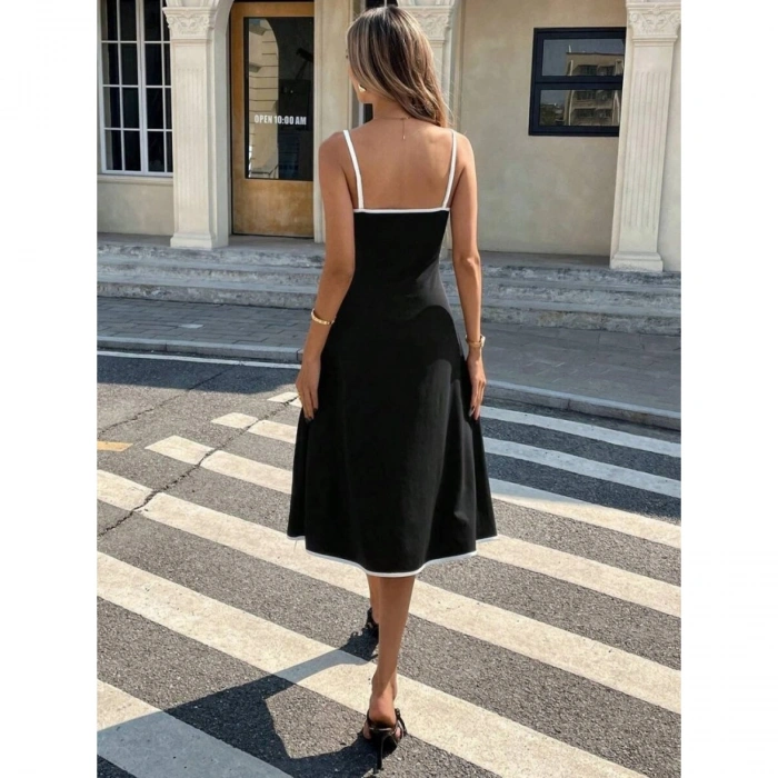 Kadın Ip Askılı Geniş V Yakalı Midi Janjan Krep Elbise