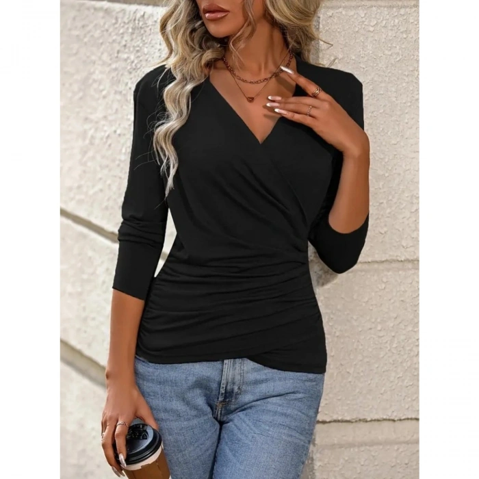 Kadın Uzun Kollu Kruvaze Yaka Yanlardan Büzgülü Viskon Bluz
