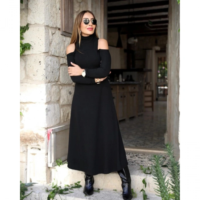 Kadın Balıkçı Yaka Omuzlardan Açık Uzun Kollu Janjan Krep Elbise