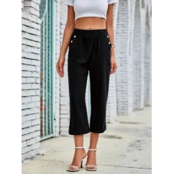 Kadın Beli Lastikli Düğme Ve Cep Detaylı Kapri Ithal Keten Pantolon
