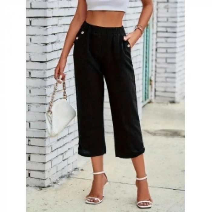 Kadın Beli Lastikli Düğme Ve Cep Detaylı Kapri Ithal Keten Pantolon