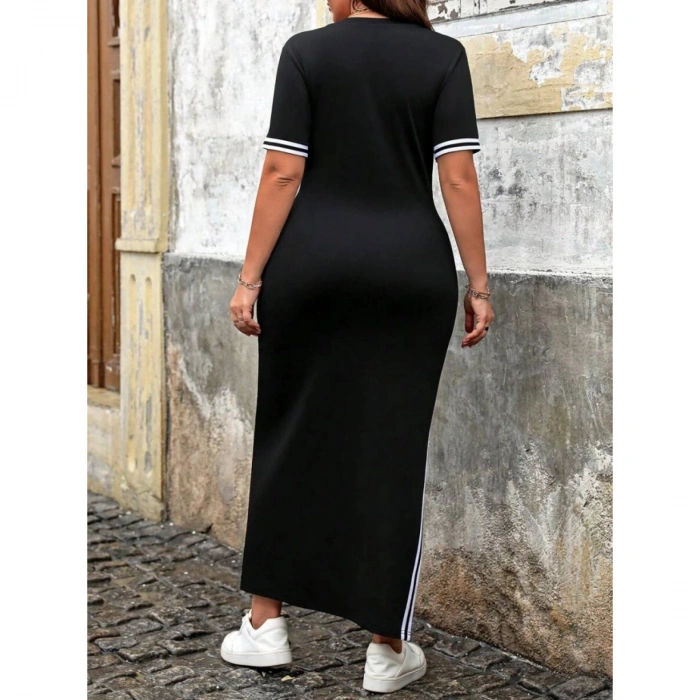 Kadın Kısa Kollu Bisiklet Yaka Yandan şerit Ve Yırtmaçlı Viskon Iki Iplik Elbise