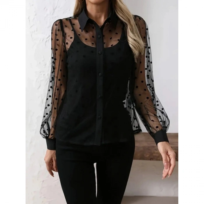 Kadın Uzun Kollu Yakalı şeffaf Tül Detaylı Ve Viskon Atlet Ikili Takım