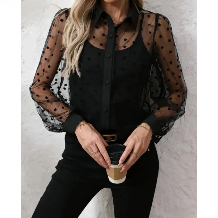 Kadın Uzun Kollu Yakalı şeffaf Tül Detaylı Ve Viskon Atlet Ikili Takım