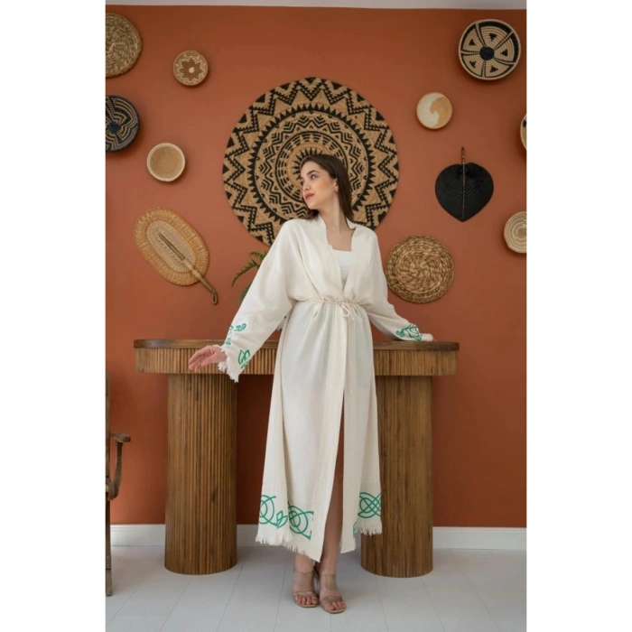 Kahverengi Baskı Detay Keten Sabahlık