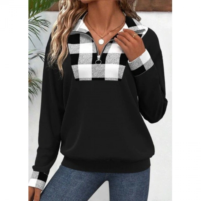 Kadın Uzun Kollu Yakalı önden Fermuarlı Ekose Detaylı Viskon Iki Iplik Bluz