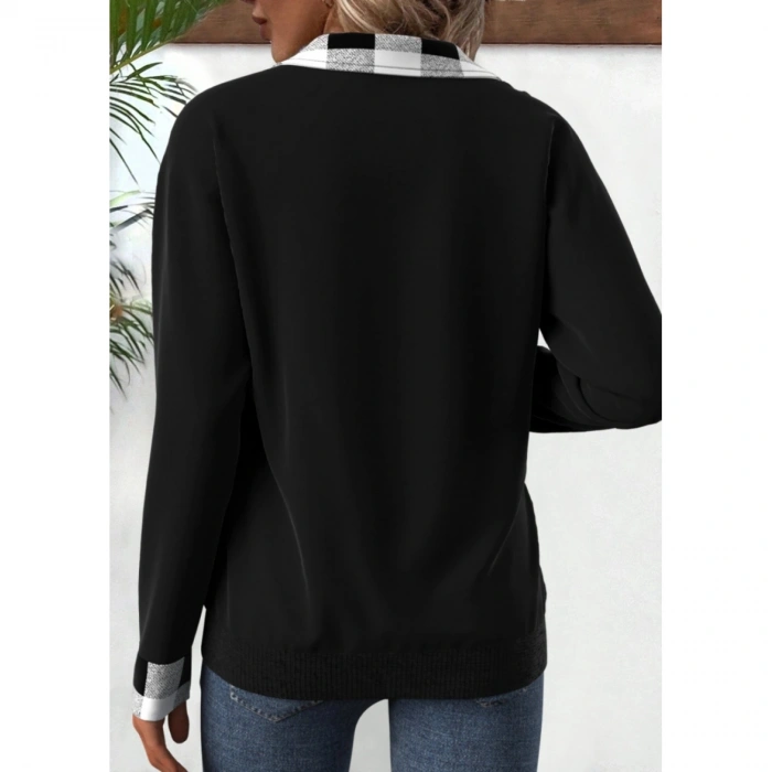 Kadın Uzun Kollu Yakalı önden Fermuarlı Ekose Detaylı Viskon Iki Iplik Bluz