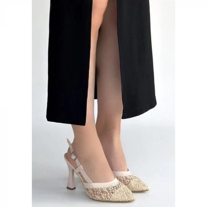 Erbilden Ceta Bej Cilt Tül Detaylı Topuklu Ayakkabı