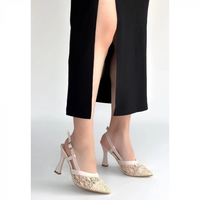 Erbilden Ceta Bej Cilt Tül Detaylı Topuklu Ayakkabı