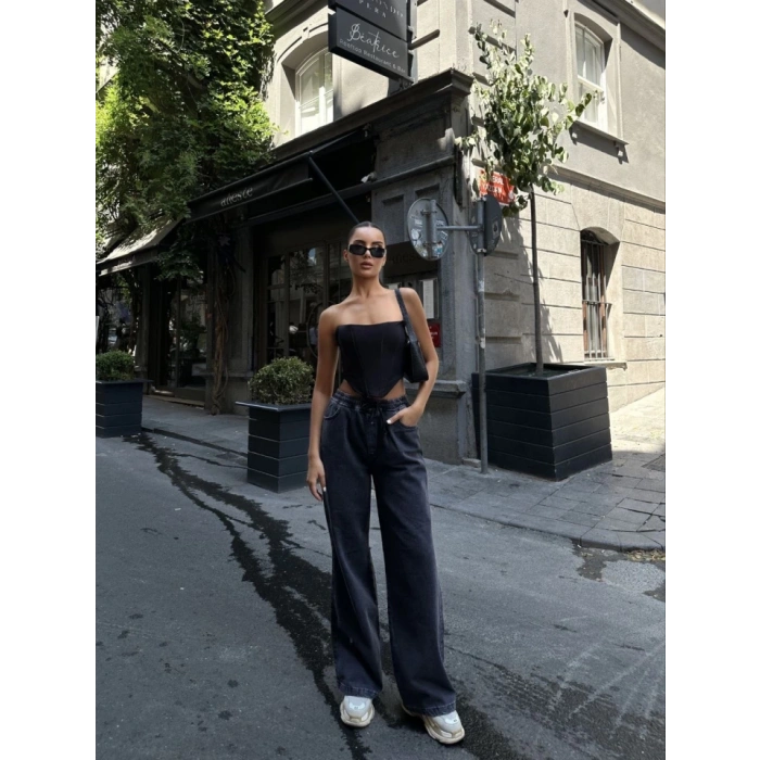 Arkadan Yırtmaçlı Jeans Kot Palazzo Pantolon - Siyah