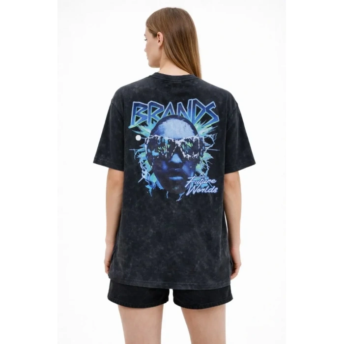 Asit Yıkamalı Oversize Tişört Future Worlds Baskılı Bisiklet Yaka Kısa Kollu Streetwear %100 Pamuk Street Style T-Shirt - Siyah