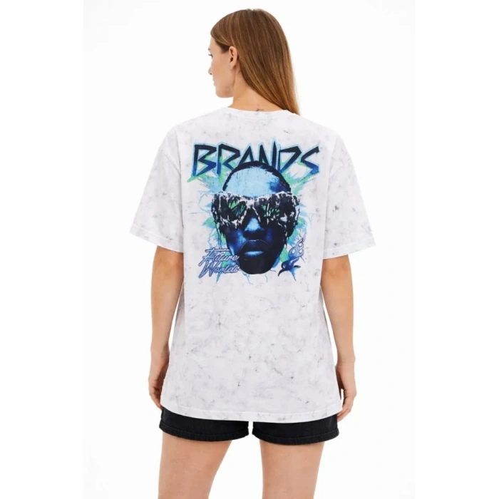Asit Yıkamalı Oversize Tişört Future Worlds Baskılı Bisiklet Yaka Kısa Kollu Streetwear %100 Pamuk Street Style T-Shirt - Beyaz