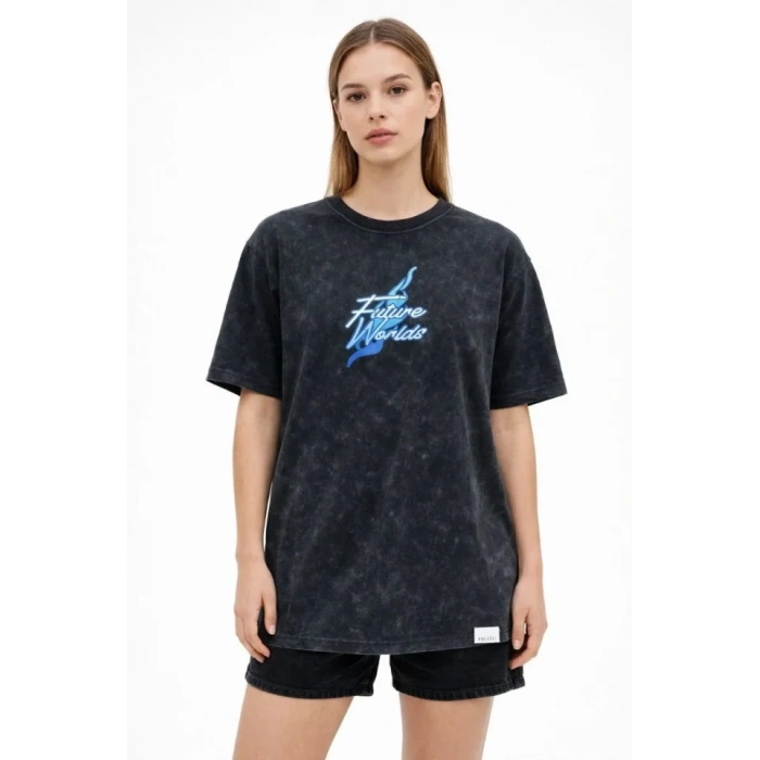 Asit Yıkamalı Oversize Tişört Future Worlds Baskılı Bisiklet Yaka Kısa Kollu Streetwear %100 Pamuk Street Style T-Shirt - Siyah