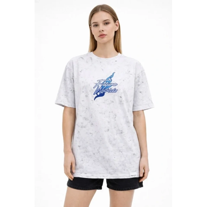 Asit Yıkamalı Oversize Tişört Future Worlds Baskılı Bisiklet Yaka Kısa Kollu Streetwear %100 Pamuk Street Style T-Shirt - Beyaz