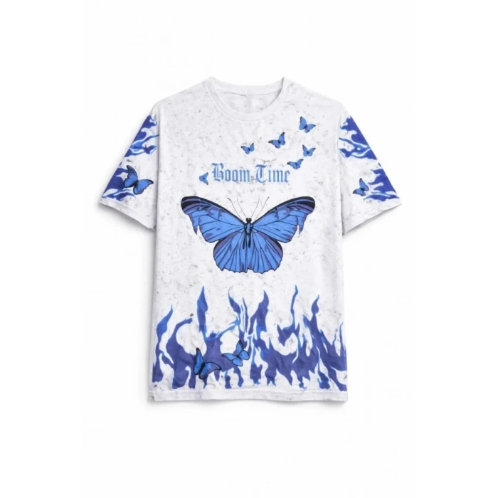 Asit Yıkamalı Oversize Tişört Mavi Kelebek Baskılı Dijital Print Bisiklet Yaka Streetwear T-Shirt - Beyaz