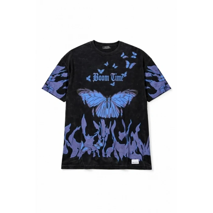 Asit Yıkamalı Oversize Tişört Mavi Kelebek Baskılı Dijital Print Bisiklet Yaka Streetwear T-Shirt - Siyah