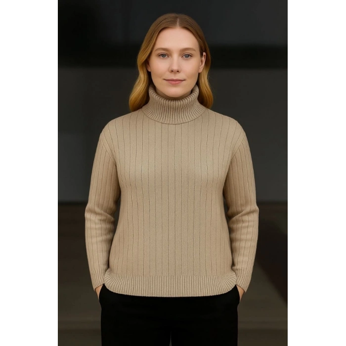 Balıkcı Yaka Bağazlı Triko Kazak Pamuklu Kalın Fitilli Dokuma - Bej