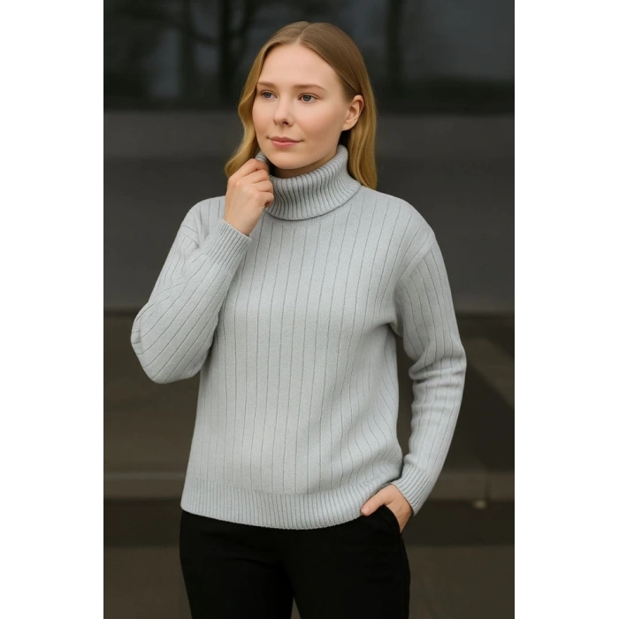 Balıkcı Yaka Bağazlı Triko Kazak Pamuklu Kalın Fitilli Dokuma - Gri