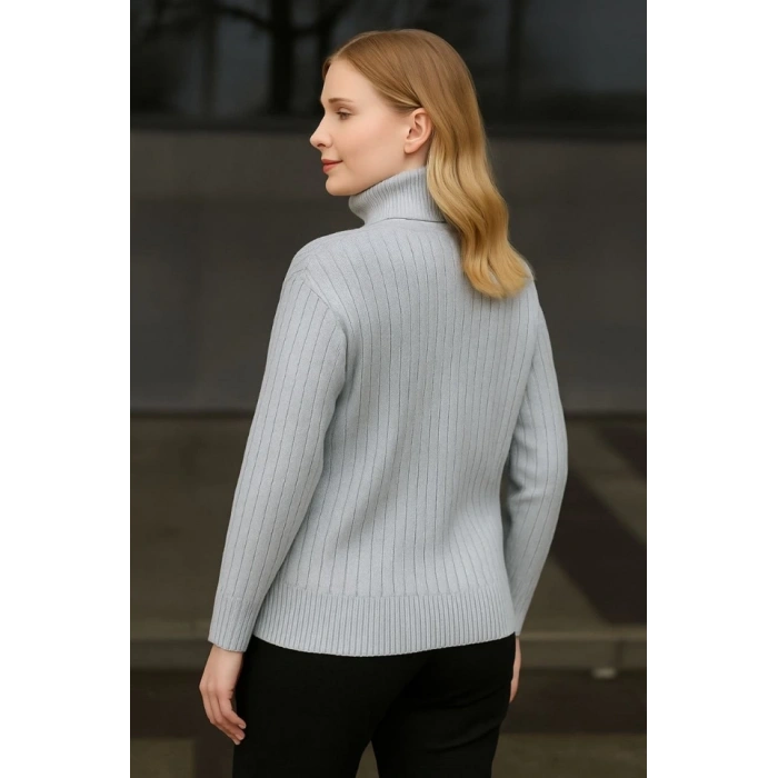 Balıkcı Yaka Bağazlı Triko Kazak Pamuklu Kalın Fitilli Dokuma - Gri