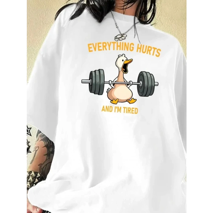 Baskılı Oversize Bisiklet Yaka T-shirt - Beyaz