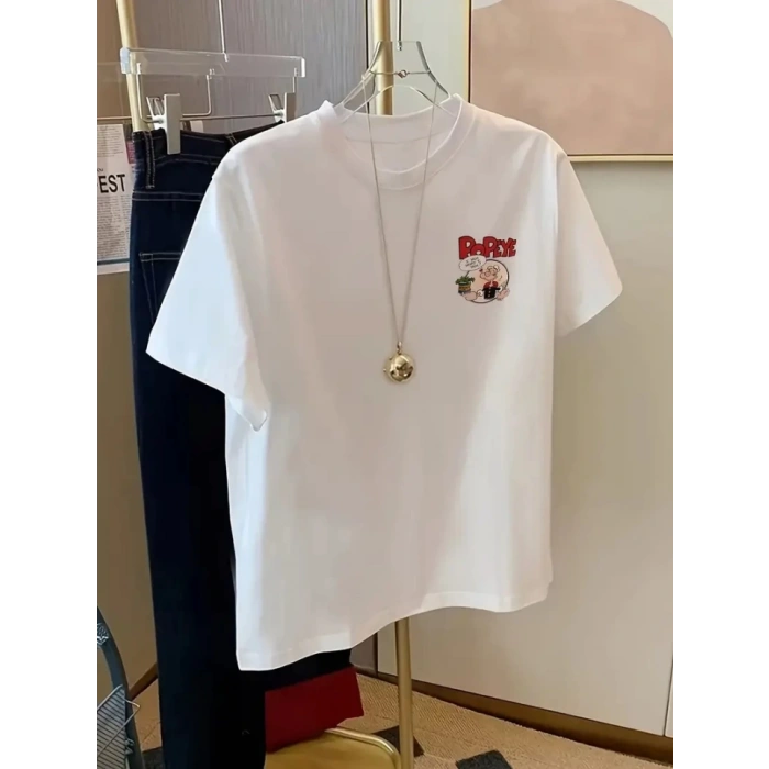 Baskılı Oversize Bisiklet Yaka T-shirt - Beyaz