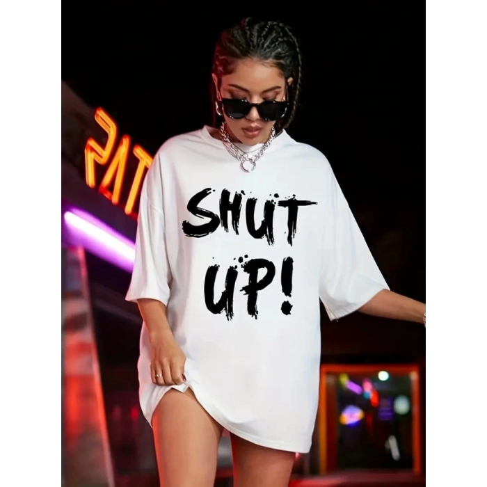 Baskılı Oversize Bisiklet Yaka T-shirt - Beyaz