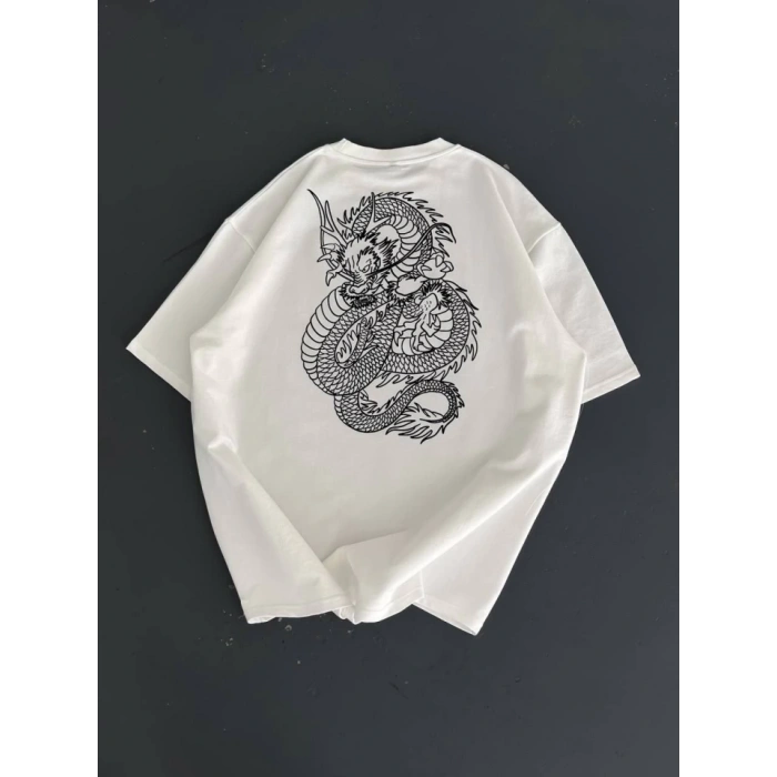 Baskılı Oversize Bisiklet Yaka T-shirt - Beyaz