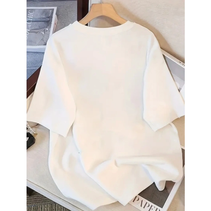 Baskılı Oversize Bisiklet Yaka T-shirt - Beyaz