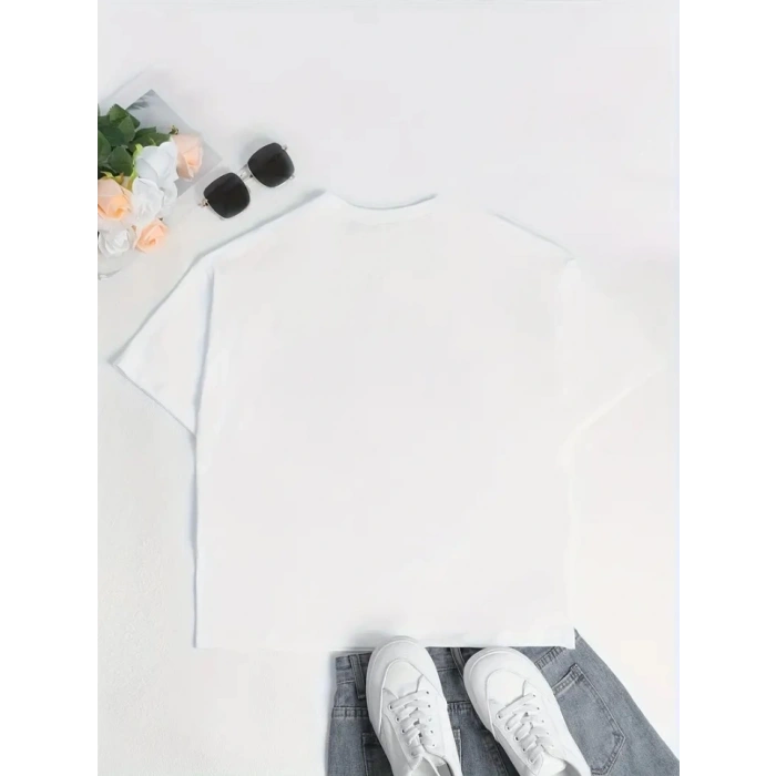 Baskılı Oversize Bisiklet Yaka T-shirt - Beyaz