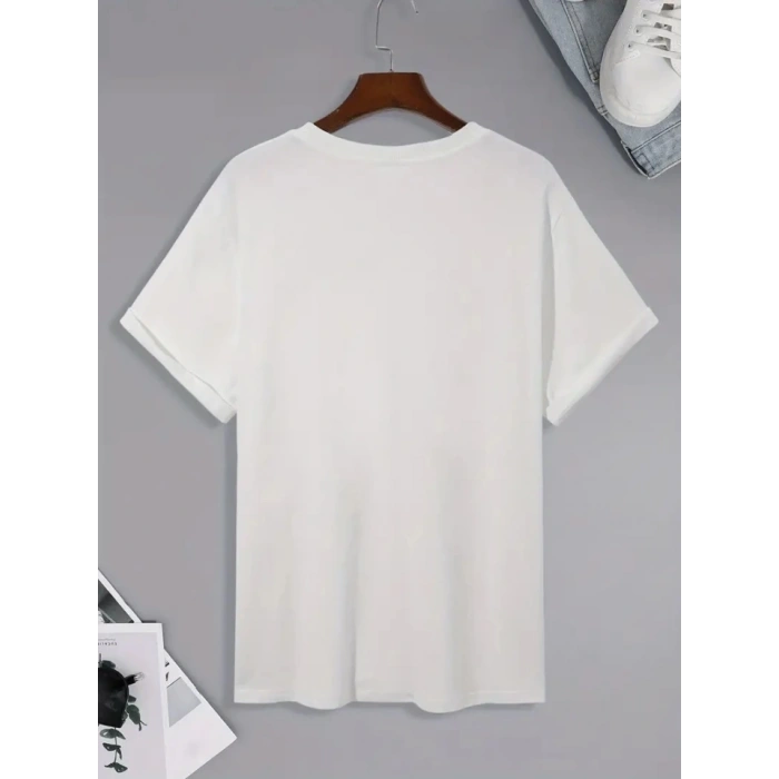 Baskılı Oversize Bisiklet Yaka T-shirt - Beyaz