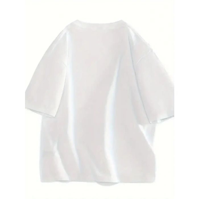 Baskılı Oversize Bisiklet Yaka T-shirt - Beyaz