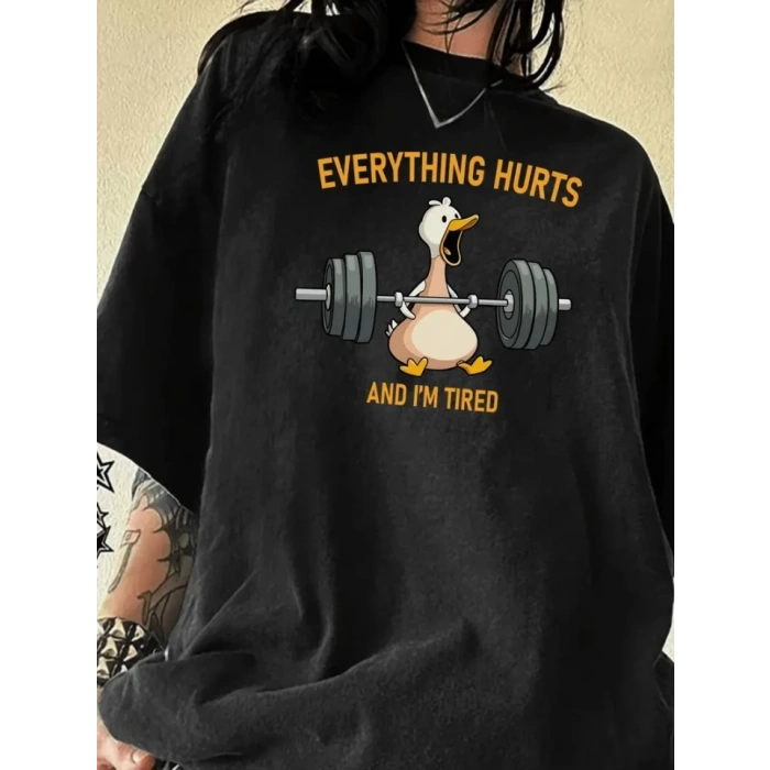 Baskılı Oversize Bisiklet Yaka T-shirt - Siyah