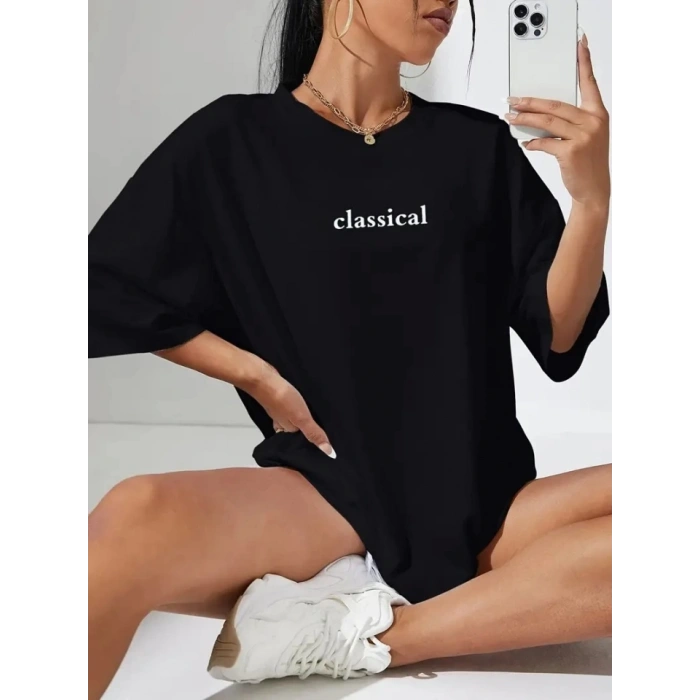 Baskılı Oversize Bisiklet Yaka T-shirt - Siyah