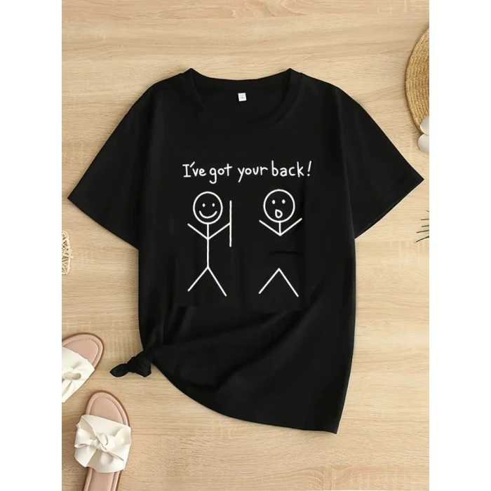 Baskılı Oversize Bisiklet Yaka T-shirt - Siyah