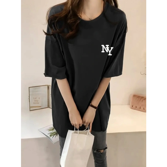 Baskılı Oversize Bisiklet Yaka T-shirt - Siyah