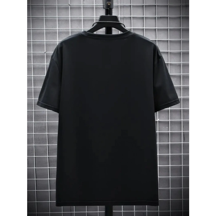 Baskılı Oversize Bisiklet Yaka T-shirt - Siyah