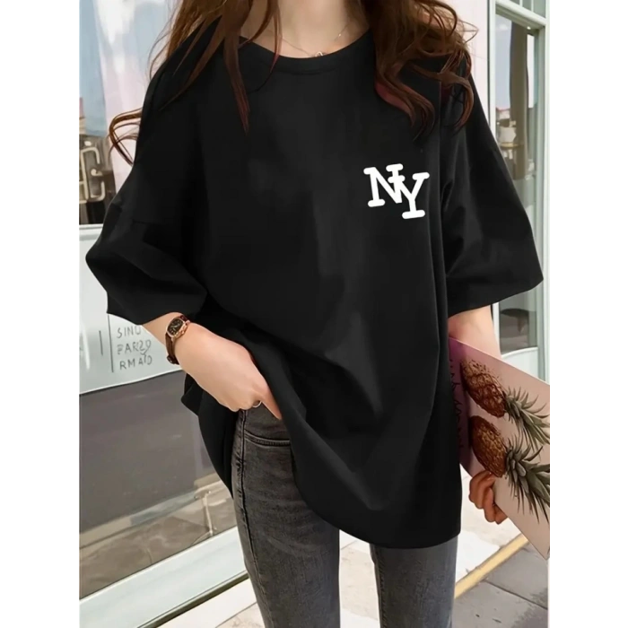 Baskılı Oversize Bisiklet Yaka T-shirt - Siyah