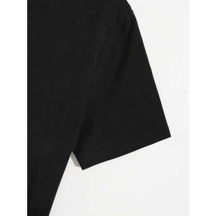 Baskılı Oversize Bisiklet Yaka T-shirt - Siyah