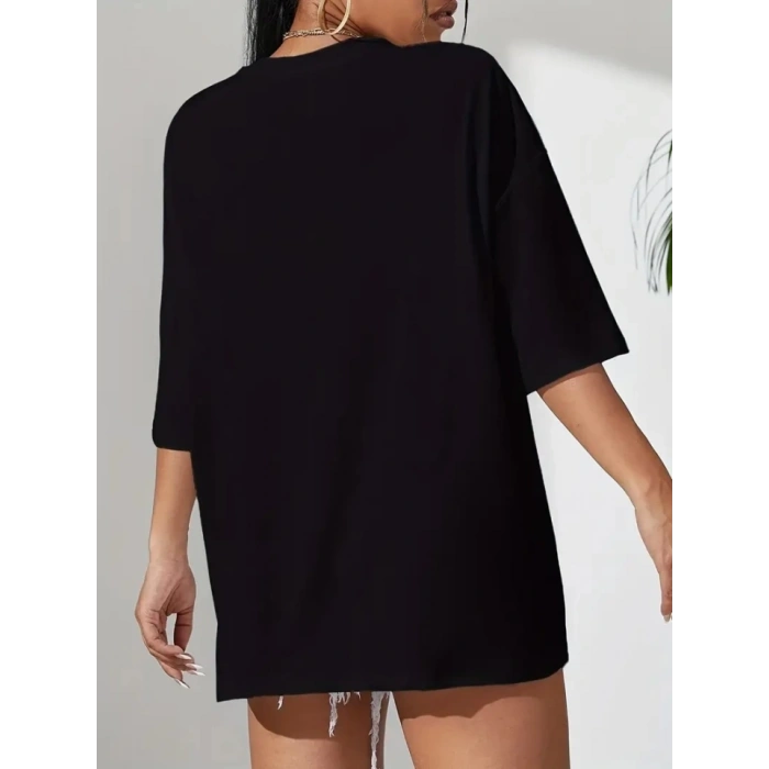 Baskılı Oversize Bisiklet Yaka T-shirt - Siyah