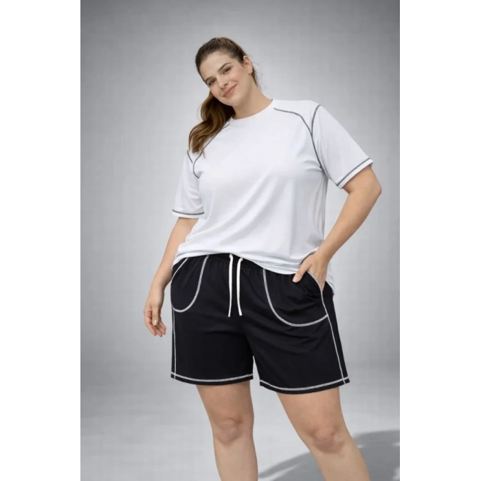 Battal Beden Kısa Kollu Tişört Şort Takım Kontrast Dikiş Detaylı Günlük Ev Giyimi - Beyaz