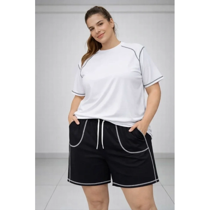 Battal Beden Kısa Kollu Tişört Şort Takım Kontrast Dikiş Detaylı Günlük Ev Giyimi - Beyaz