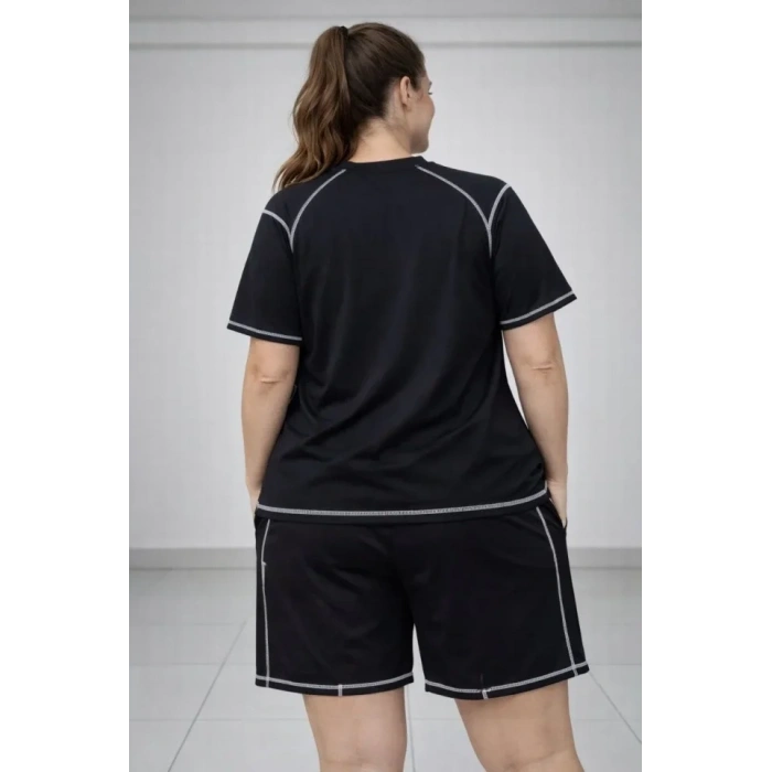 Battal Beden Kısa Kollu Tişört Şort Takım Kontrast Dikiş Detaylı Günlük Ev Giyimi - Siyah