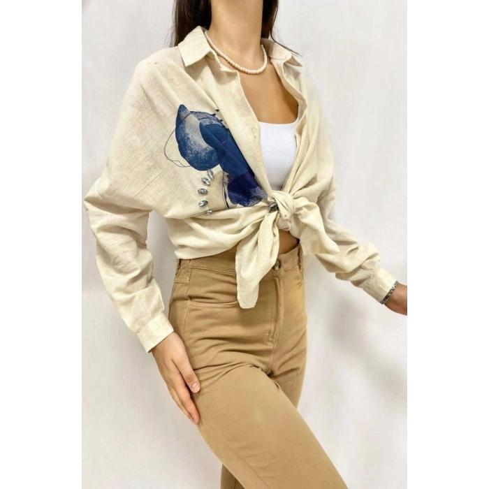 Bej Taş İşlemeli Keten Gömlek