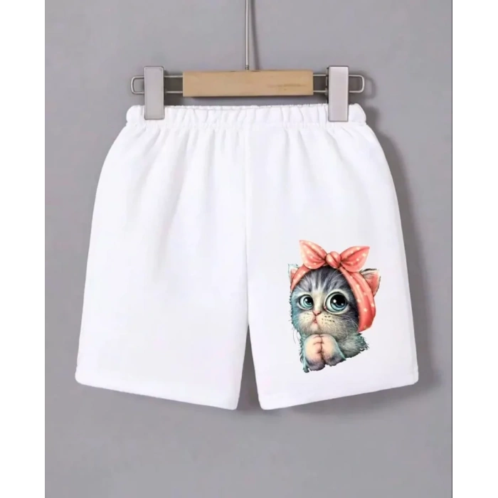 Beli Lastikli Baskılı Mini Şort - Beyaz