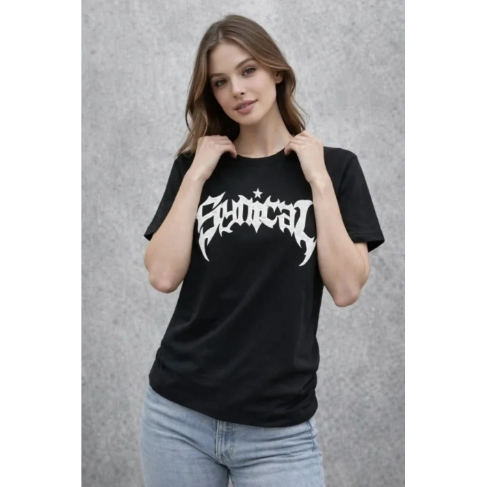 Bisiklet Yaka Ön Baskılı  Kısa Kollu Tişört Streetwear Günlük Basic Pamuklu T-shirt - Siyah