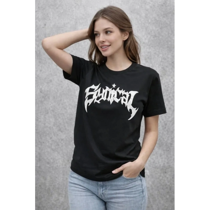 Bisiklet Yaka Ön Baskılı  Kısa Kollu Tişört Streetwear Günlük Basic Pamuklu T-shirt - Siyah