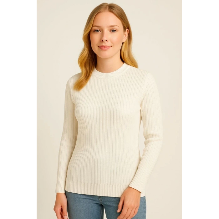 Bisiklet Yuvarlak Yaka Triko Kazak Pamuklu Kalın Fitilli Dokuma, Regular Fit Uzun Kollu Kışlık Model - Beyaz