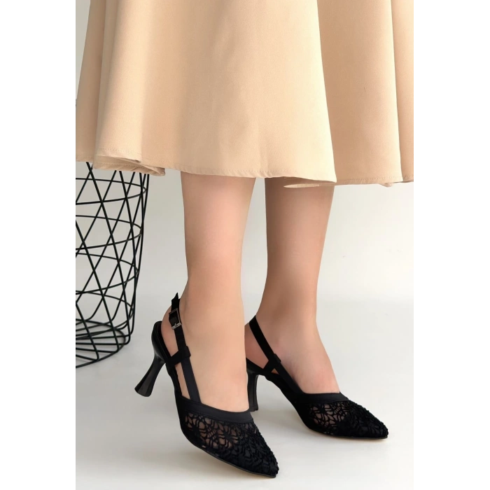 Ceta Siyah Cilt Tül Detaylı Topuklu Ayakkabı